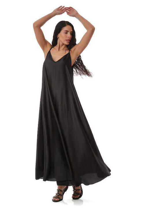Sommer Maxi Wickel Damenkleid Satin Schwarz