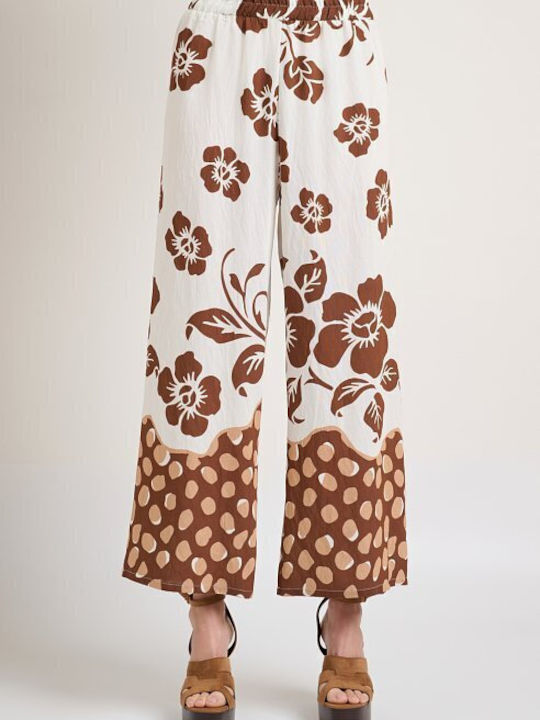 Women's Floral Print Brown Set with Trousers with Rubber Band in Loose Fit Floral