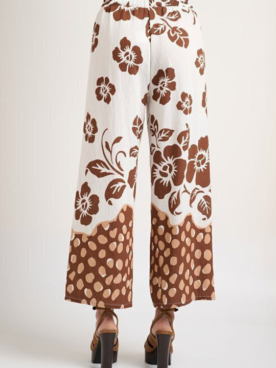 Women's Floral Print Brown Set with Trousers with Rubber Band in Loose Fit Floral