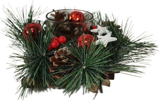 Saska Garden Christmas Wooden Green Candlestick 16x9cm