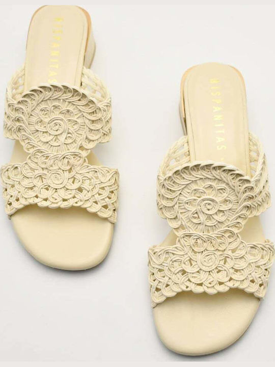 Leather Mules with Chunky Low Heel in Beige Colour