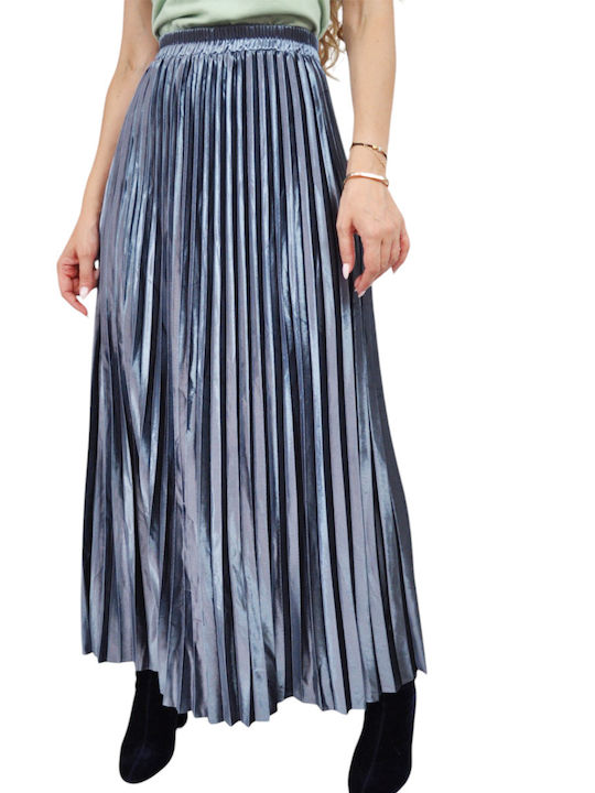 Pleated High Waist Maxi Skirt Blue