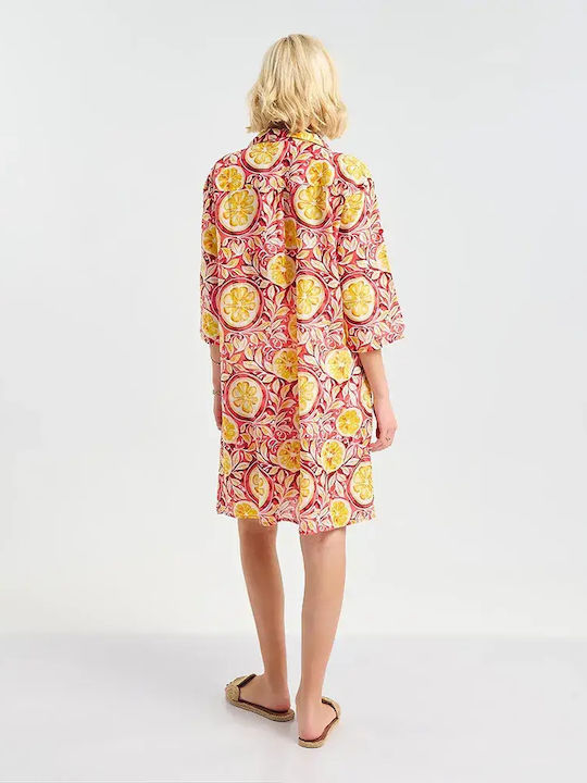 Ble Resort Collection 100% Damenbademode Kaftan Rot Mit Gelben Blumen