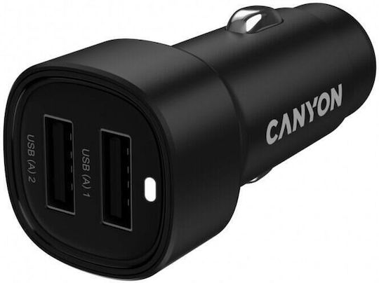 Canyon Auto-Ladegerät 24W 4.8A Schnellladung mit Anschlüssen: 2xUSB Schwarz Farbe