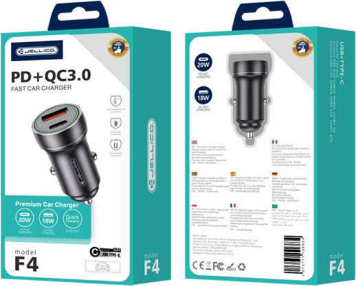 Jellico F4 Handy-Autoladegerät 20W mit Anschlüssen: 1xUSB-A 1xType-C Schwarz Farbe