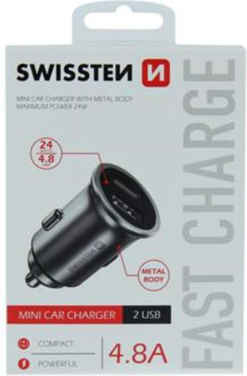 Swissten Φορτιστής Αυτοκινήτου 24W 4.8A Γρήγορης Φόρτισης με Θύρες: 2xUSB Μαύρος