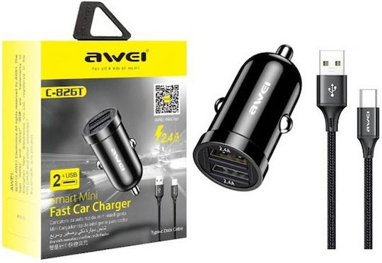 Awei C-826T Car Charger 2.4A Fast Charging with Ports 2xUSB 1xType-C including Type-C Cable Black Color