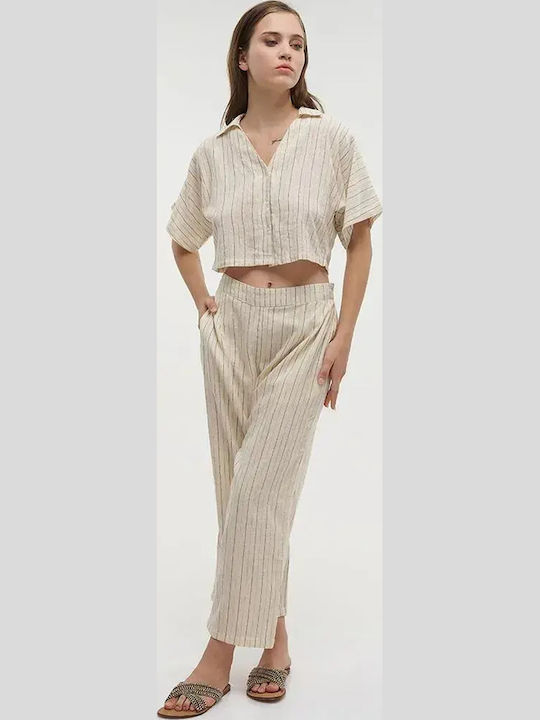 Long Sleeve Women's Shirt Beige Striped