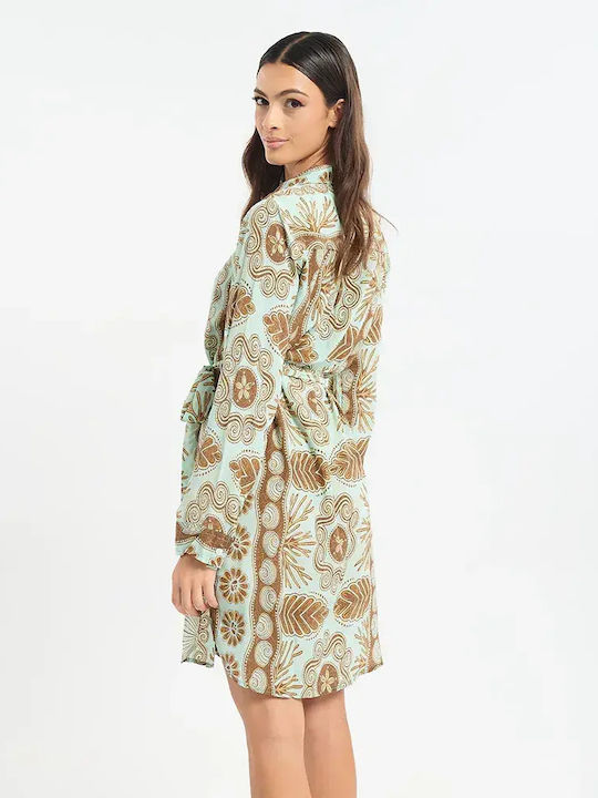 Long Sleeve Women's Silky Shirt Turquoise/Brown