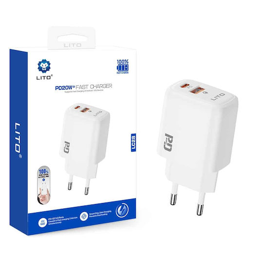 Lito Wireless Charger With USB-A Output Port And USB-C Output Port 20W Power Delivery White (LC28)