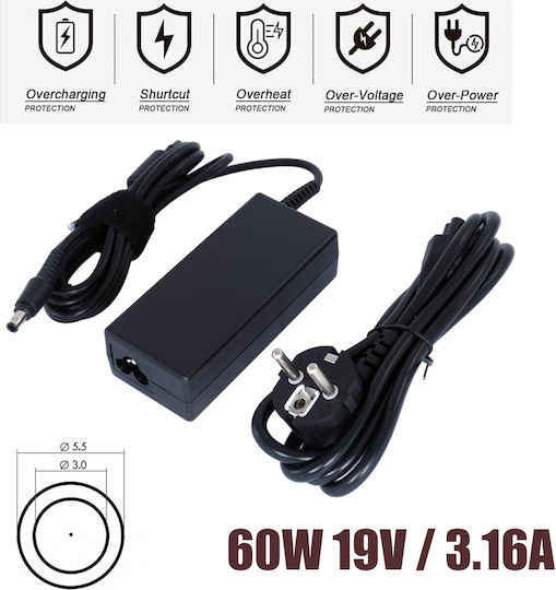 Φορτιστής Laptop 60W 19V 3.16A για Samsung με Αποσπώμενο Καλώδιο Τροφοδοσίας