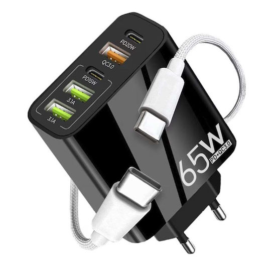 Techsuit Set Auto și Priză GaN cu 3 Porturi USB-A și 2 Porturi USB-C și Cablu USB-C - USB-C 20W Power Delivery / Quick Charge 3.0 Negru