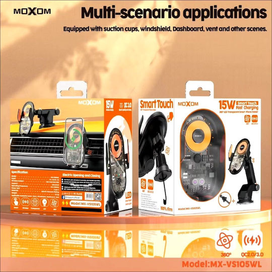 Moxom MX-VS105 Car Mobile Mount with Adjustable Hooks and Wireless Charging Black