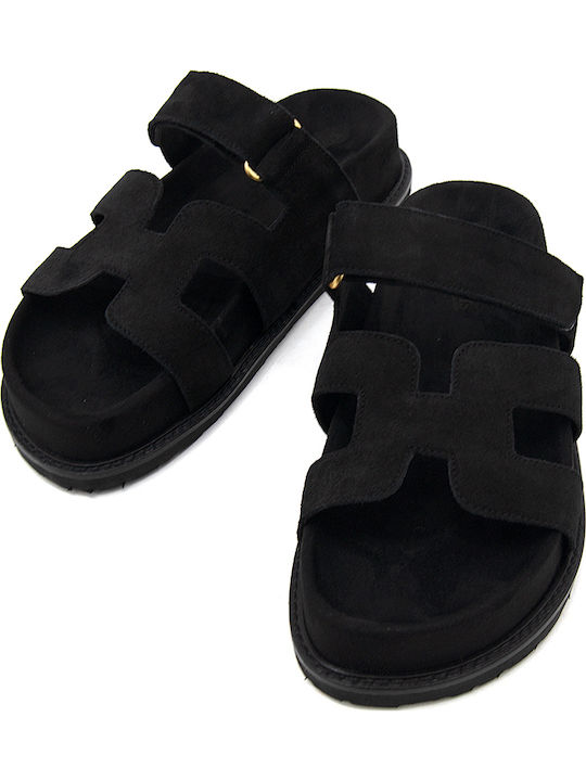 Δερμάτινα Γυναικεία Ανατομικά Σανδάλια Flatforms Μαύρα