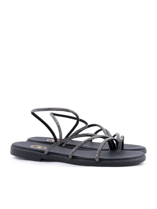 Leather Women's Flat Sandals in Black Color