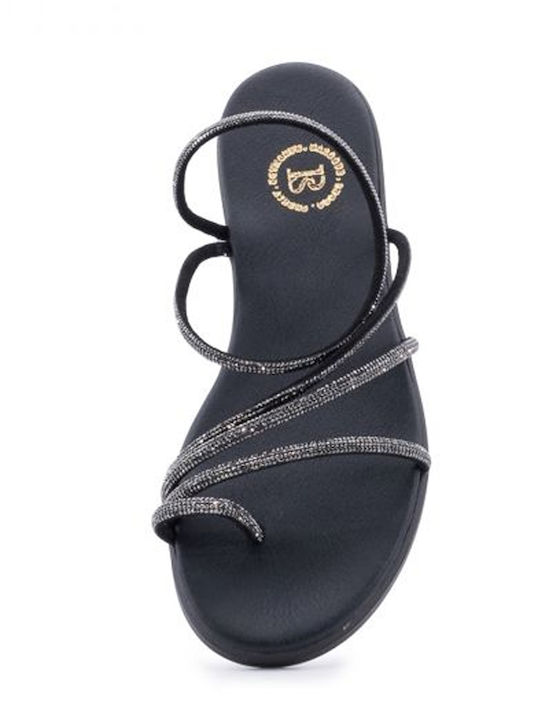 Leather Women's Flat Sandals in Black Color