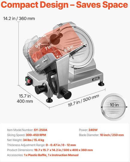 Vevor Ham Slicer With Cutting Disc Blade Diameter 250mm 50x40x36cm