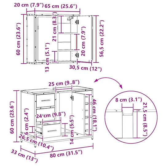 vidaXL Vanity Unit Without Sink With Mirror & Column M80xD33xH60cm Old Wood