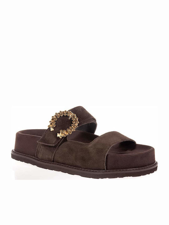 Δερμάτινα Γυναικεία Ανατομικά Σανδάλια Flatforms Καφέ