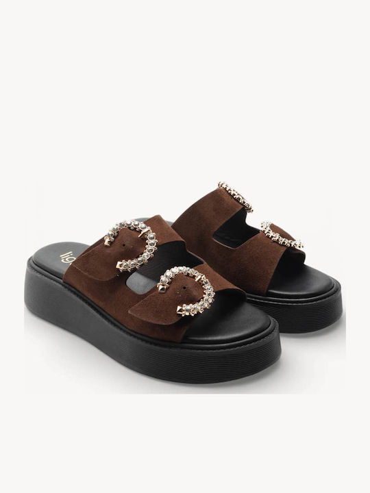 Brown Flatforms Double Adjustable Straps Rhinestones