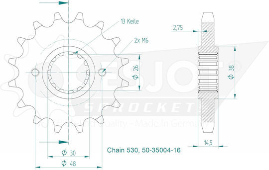 Esjot Steel Front Sprocket 530 Chain 16 Teeth 50-35004-16