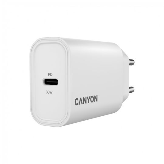 Canyon Φορτιστής με Ενσωματωμένο Καλώδιο με Θύρα USB-C 30W Power Delivery Λευκός (OnCharge)