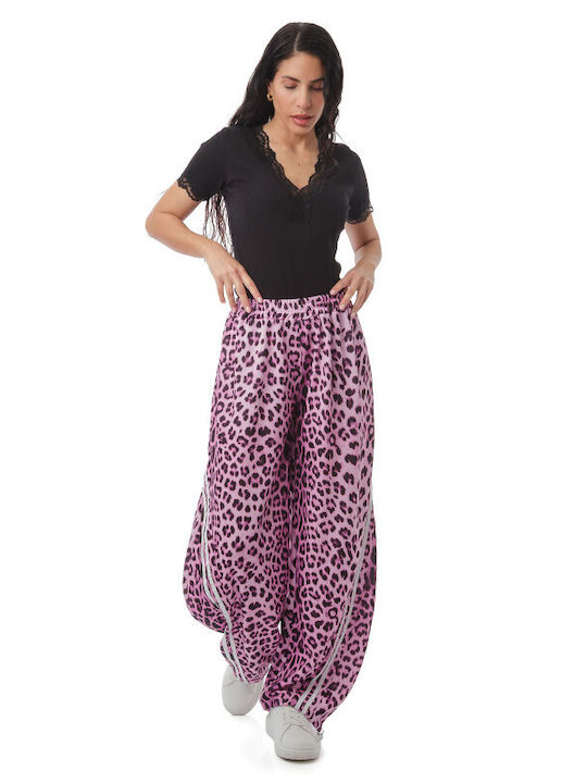 Ροζ Φαρδιά Παντελόνα Animal Print Ρίγες