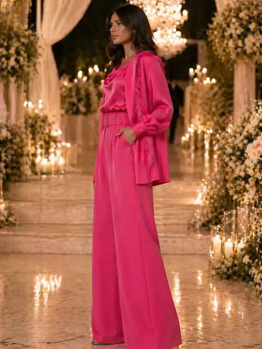 Women's Pink Set with High Rise Loose Fit Trousers
