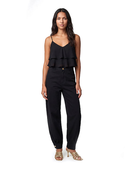 Women C.manolo High Rise Fabric Trousers in Slim Fit Black