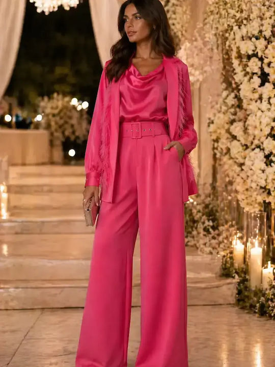 Women's Pink Set with High Rise Loose Fit Trousers
