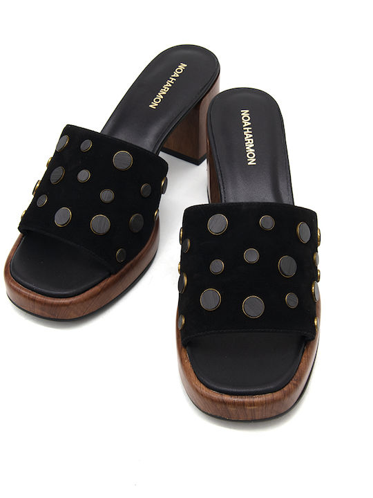 Suede Mules με Ψηλό Τακούνι σε Μαύρο Χρώμα