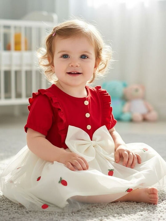 Girls Dress Short Sleeve Cream/Burgundy