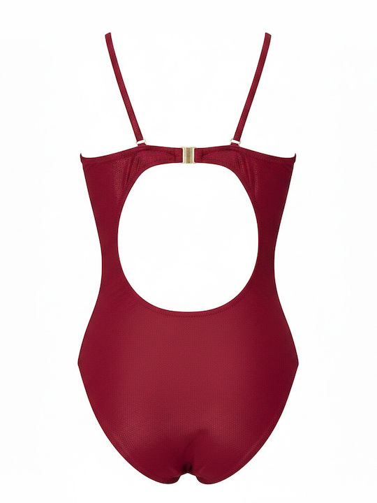 Modern Ocean Damen Sexy Ein Stück Strapless Badeanzug Glänzendes Rot Bordeaux mit Ringen Offen vorne Brazil Summer Collection 5147 Rot Bordeaux
