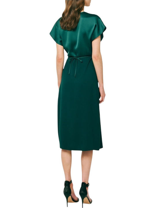 Summer Midi Evening Satin Drape Dress with Tearing Green