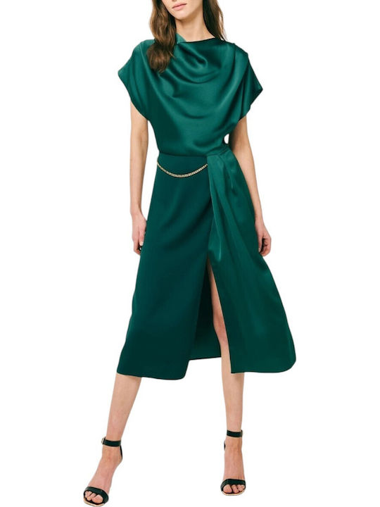Summer Midi Evening Satin Drape Dress with Tearing Green
