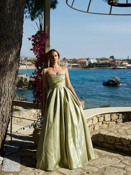 Summer Maxi Dress for Wedding / Christening Strapless Satin Green