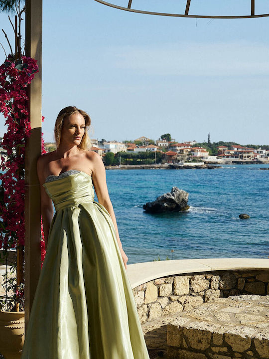 Summer Maxi Dress for Wedding / Christening Strapless Satin Green