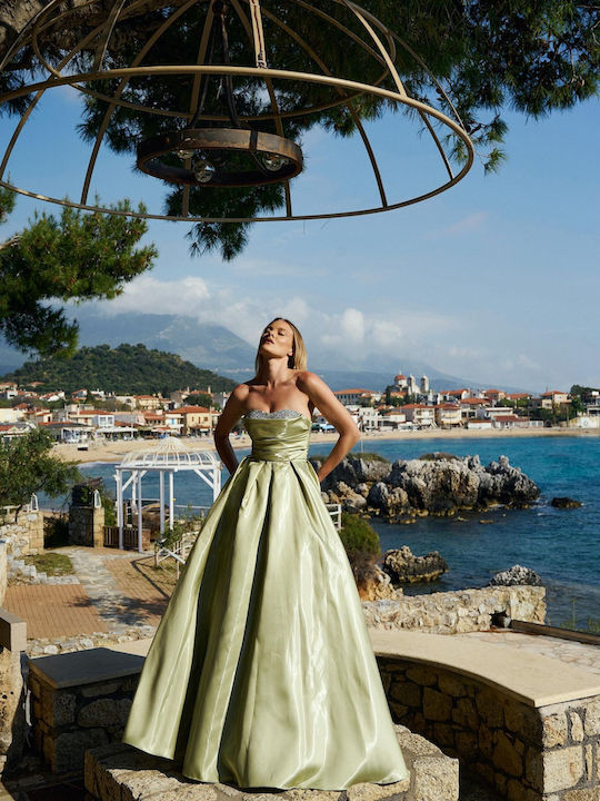Summer Maxi Dress for Wedding / Christening Strapless Satin Green