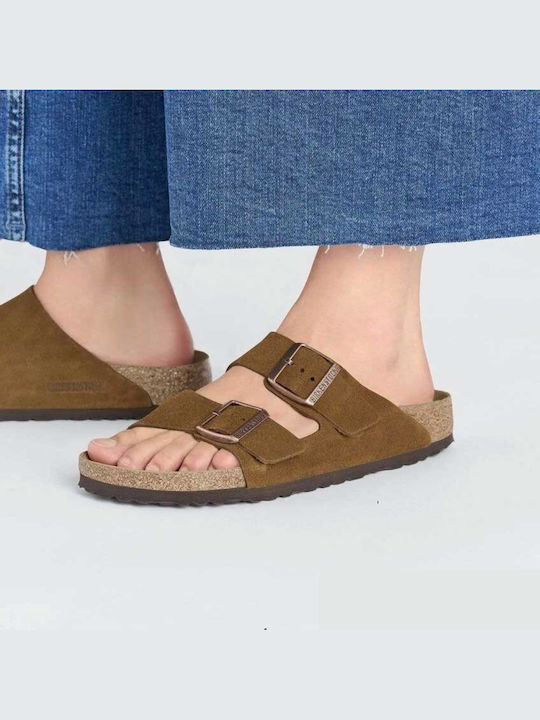 Arizona Leather Women's Flat Sandals Tabac Brown Narrow Fit