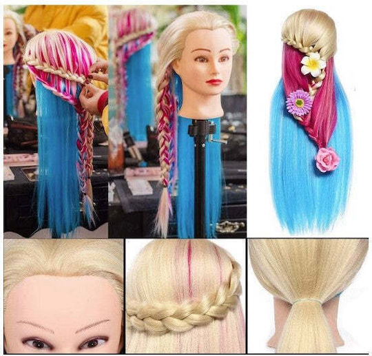 Cap Manechin Pentru Practică Blond Auriu Albastru Roz 65cm Păr Des Stand