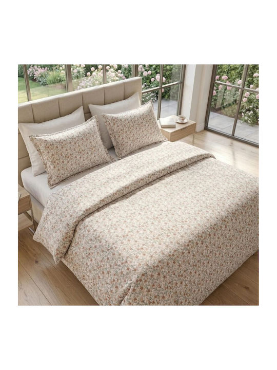 Pucioasa Set Huse Pentru Pilote Din Bumbac Satinat 200x230cm Dublu Cu 2 Fețe De Pernă & 1 Cearceaf Peach Pink Little Flowers