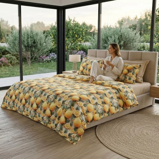 Pucioasa Set Huse Pentru Pilote Bumbac Satinat 200x230cm Dublu Cu 2 Fețe De Pernă & 1 Cearșaf Lemon