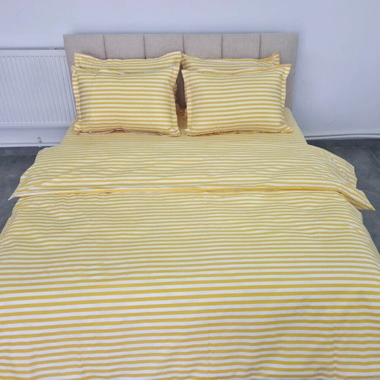 Pucioasa Cotton Satin Duvet Cover Set 200x230cm Double With 2 Pillowcases & 1 Bed Sheet Yellow Stripes
