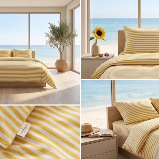 Pucioasa Cotton Satin Duvet Cover Set 200x230cm Double With 2 Pillowcases & 1 Bed Sheet Yellow Stripes