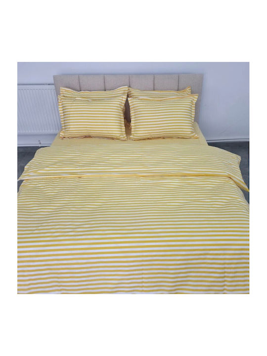 Pucioasa Set Huse Pentru Pilote Bumbac Satinat 200x230cm Dublu Cu 2 Fețe De Pernă & 1 Cearceaf Dungi Galbene