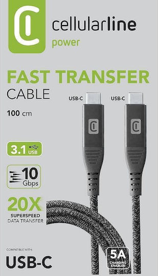 Cellularline Usb-c To Usb-c Cable 5a 10 Gbps 100w 1 M Black