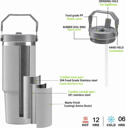 Koupakoupa Pizza Handled Thermos Stainless Steel 890ml Gray with Straw and Handle