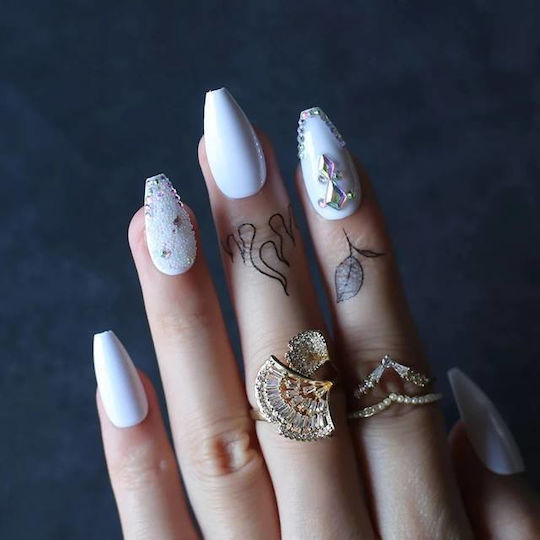 Set 24 Press-on False Nails Ballerina Glossy White Rhinestones