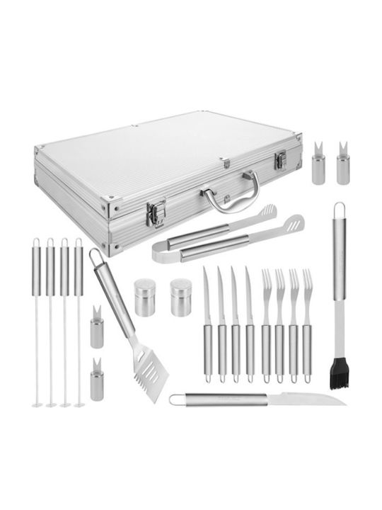 Set 26 Unelte pentru Grătar Premium Accesorii din Oțel Inoxidabil Include Perii Pensete Cuțite Spatulă Frigărui Suporturi pentru Porumb Furculițe Solnițe Geantă Căptușită din Aluminiu Dimensiuni 43 X 27 X 8 Cm Argintiu