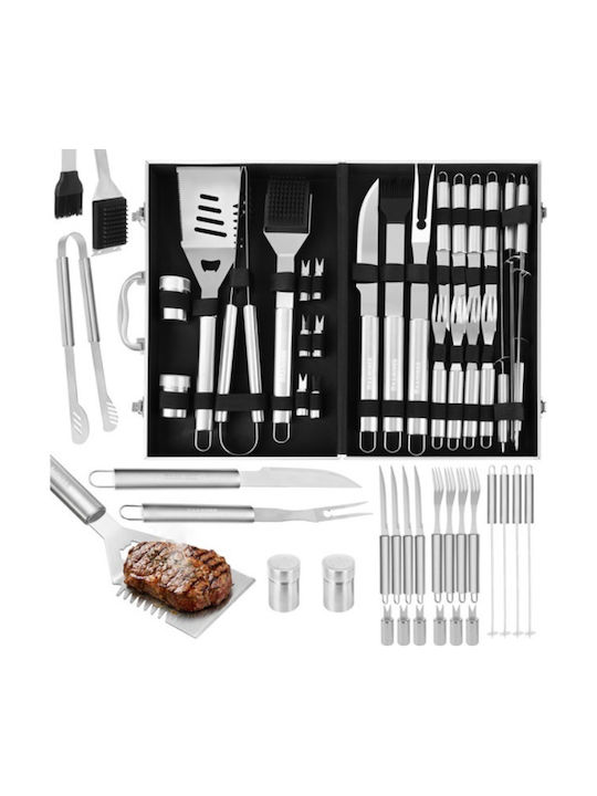 Set 26 Unelte pentru Grătar Premium Accesorii din Oțel Inoxidabil Include Perii Pensete Cuțite Spatulă Frigărui Suporturi pentru Porumb Furculițe Solnițe Geantă Căptușită din Aluminiu Dimensiuni 43 X 27 X 8 Cm Argintiu